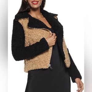 Nine West Sherpa bomber jacket in tan & black w/ asymmetrical zipper. XL